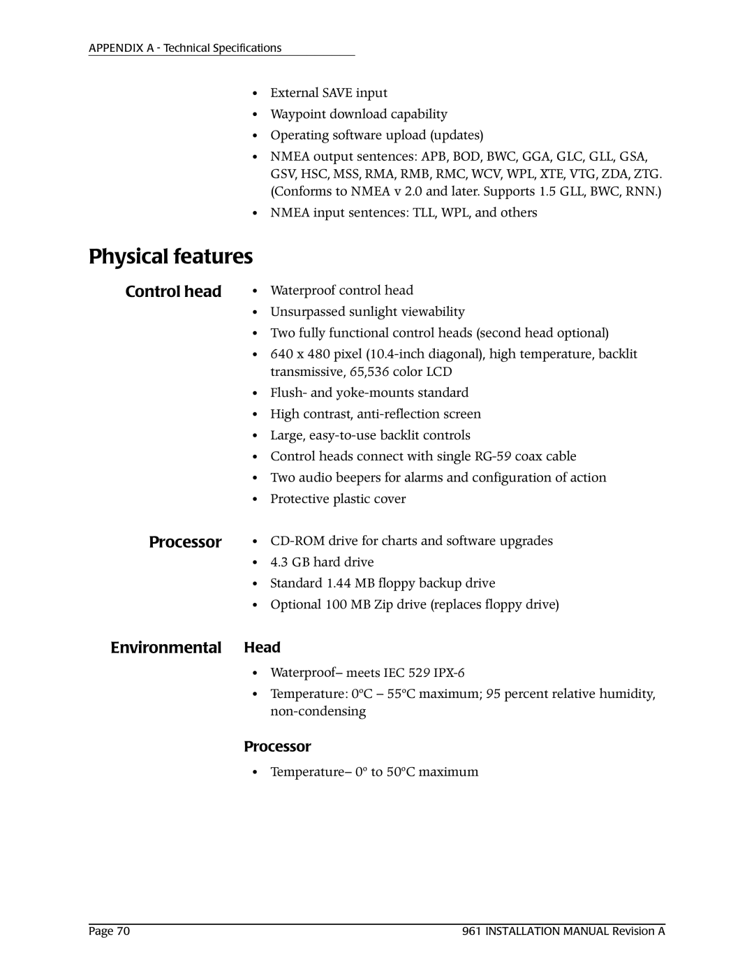 NorthStar Navigation 961XD installation manual Physical features, Control head Processor, Environmental Head 