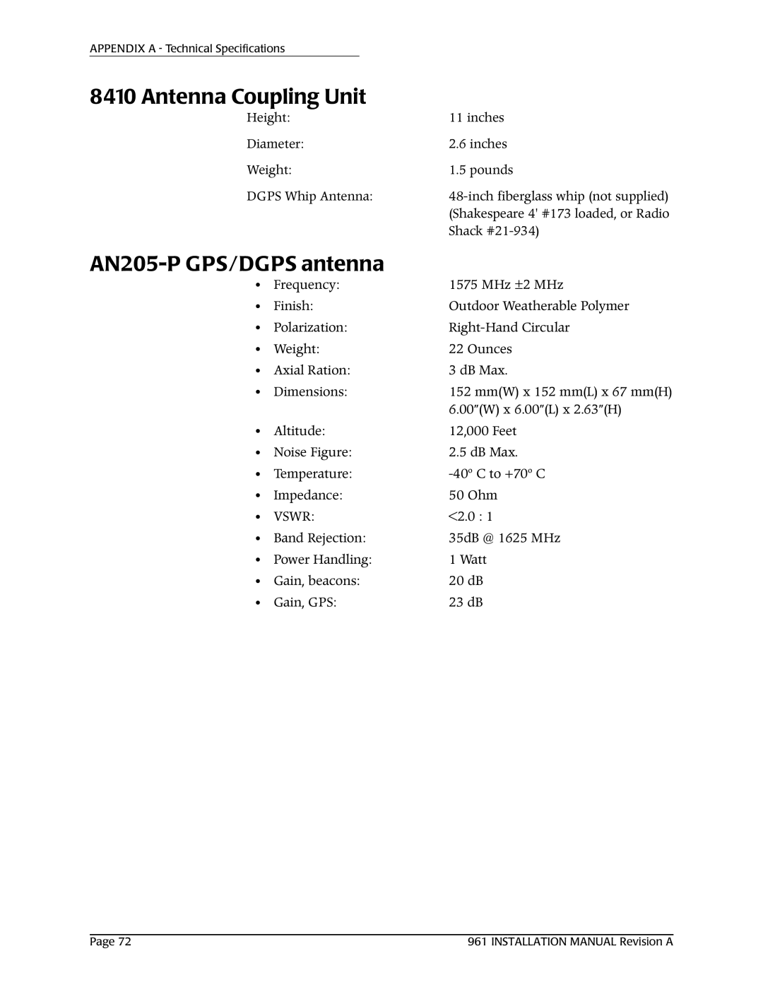 NorthStar Navigation 961XD installation manual Antenna Coupling Unit, AN205-P GPS/DGPS antenna 