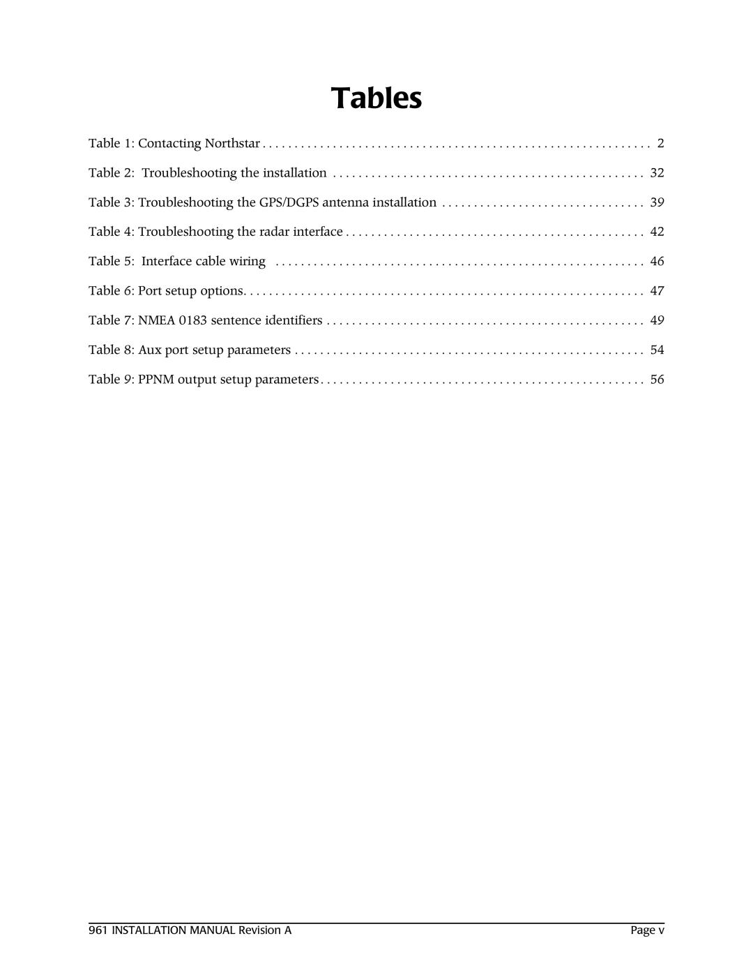 NorthStar Navigation 961XD installation manual Tables 