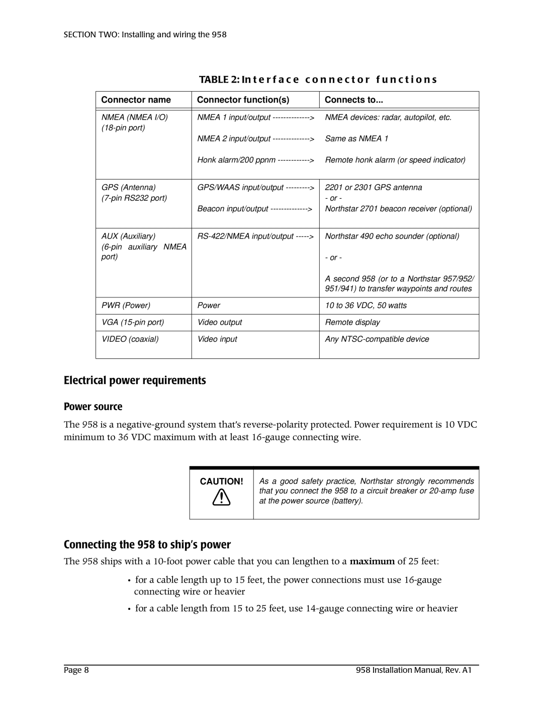 NorthStar Navigation 978/897-6600, 800/628-4487 Electrical power requirements, Connecting the 958 to ship’s power 