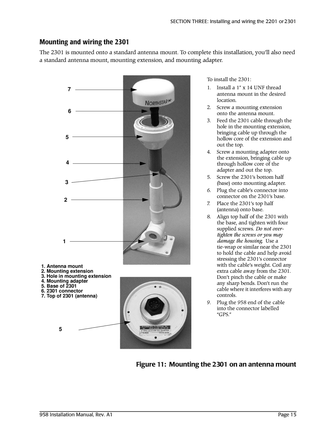 NorthStar Navigation 800/628-4487, 978/897-6600 installation manual Mounting the 2301 on an antenna mount 