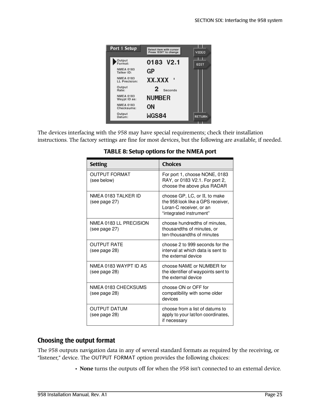 NorthStar Navigation 800/628-4487 Choosing the output format, Setup options for the Nmea port, Setting Choices 