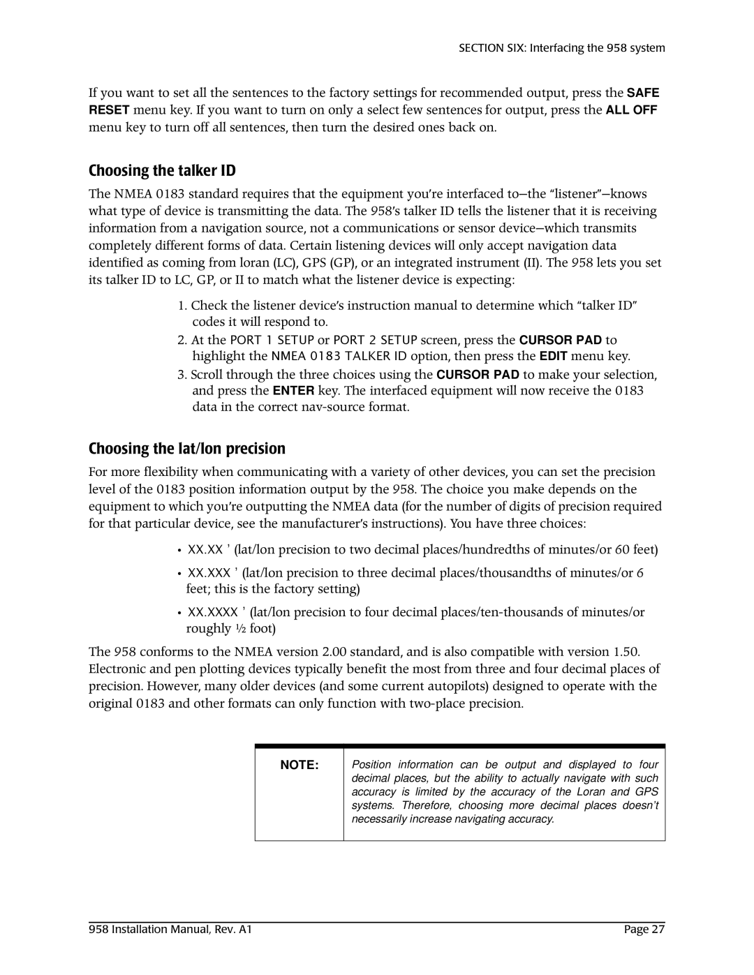 NorthStar Navigation 800/628-4487, 978/897-6600 installation manual Choosing the talker ID, Choosing the lat/lon precision 