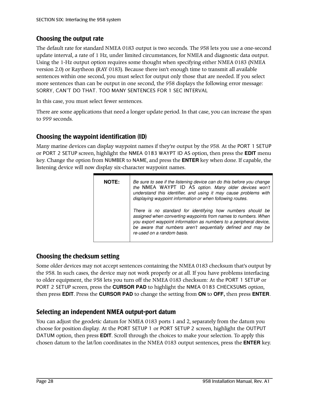 NorthStar Navigation 978/897-6600, 800/628-4487 Choosing the output rate, Choosing the waypoint identification ID 