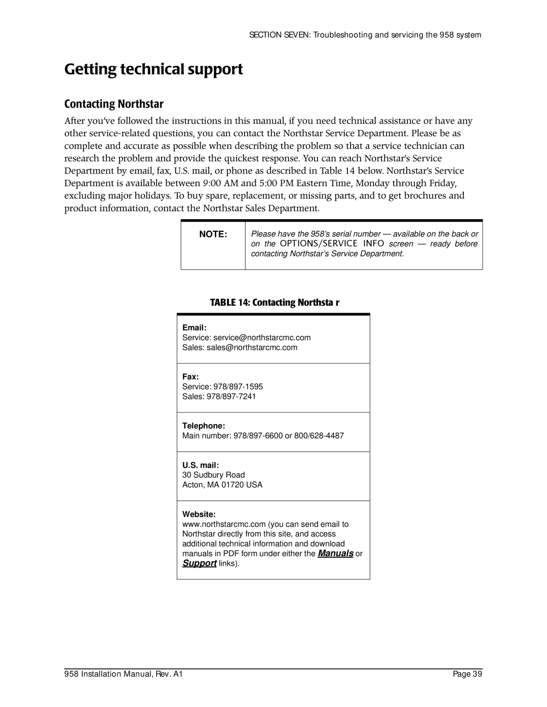 NorthStar Navigation 800/628-4487, 978/897-6600 installation manual Getting technical support, Contacting Northstar 