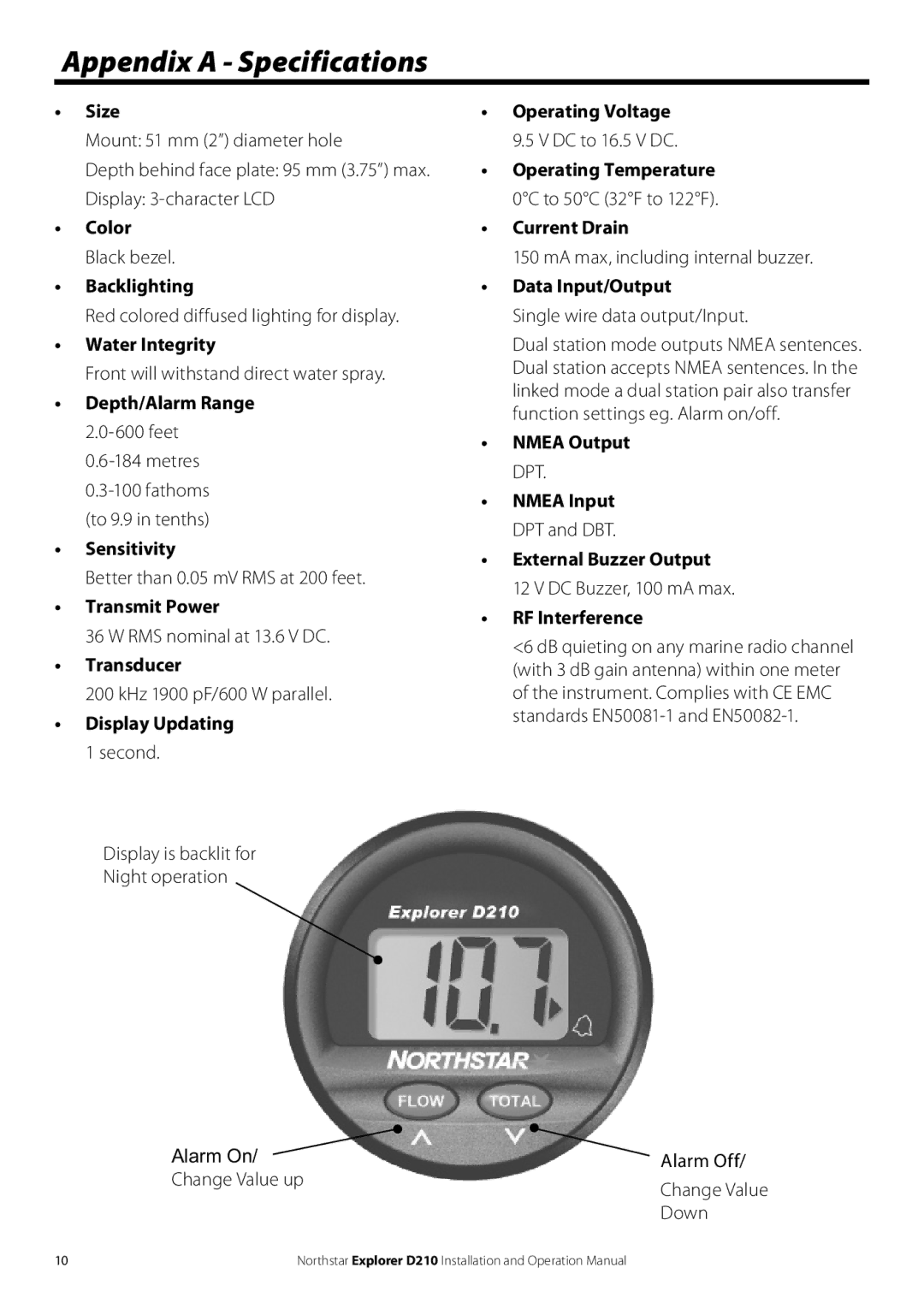 NorthStar Navigation D210 operation manual Appendix a Specifications 