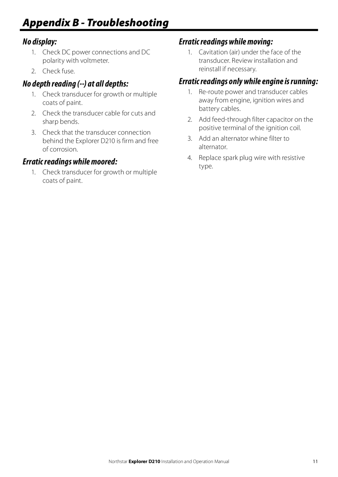 NorthStar Navigation D210 operation manual Appendix B Troubleshooting, No display, No depth reading -- at all depths 