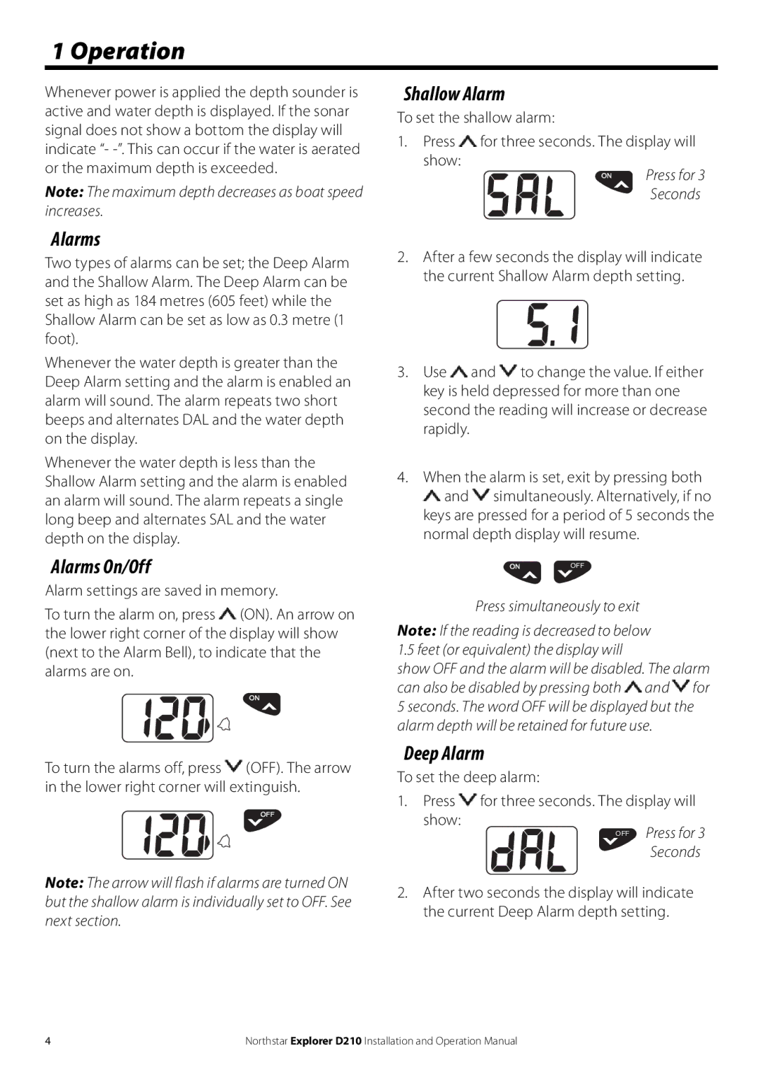NorthStar Navigation D210 operation manual Operation, Alarms On/Off, Shallow Alarm, Deep Alarm 