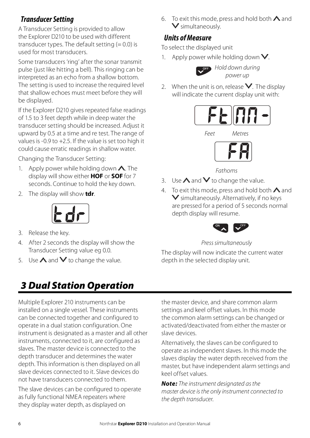 NorthStar Navigation D210 Dual Station Operation, Transducer Setting, Units of Measure, OFF Hold down during power up 