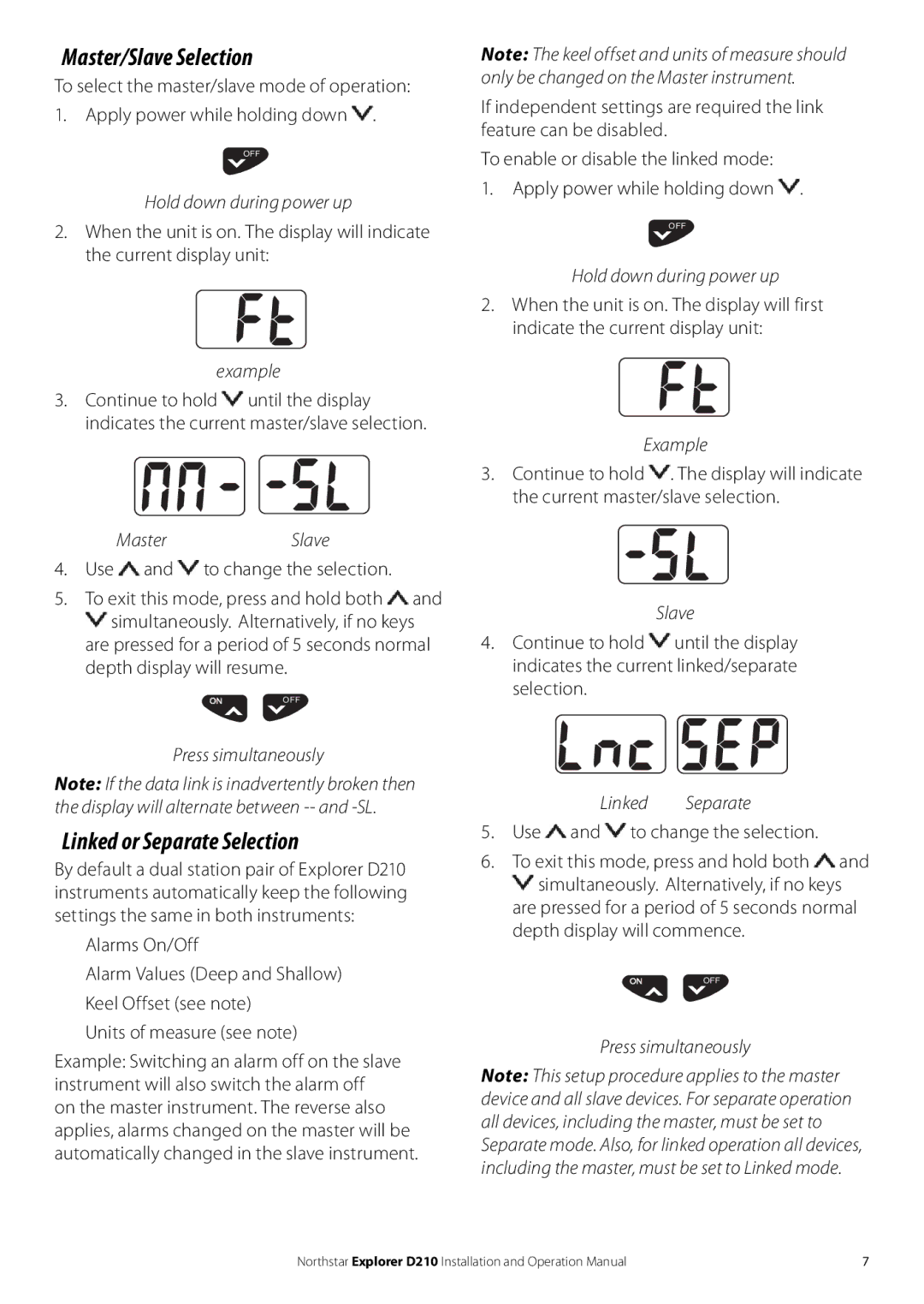 NorthStar Navigation D210 operation manual Master/Slave Selection, Linked or Separate Selection 