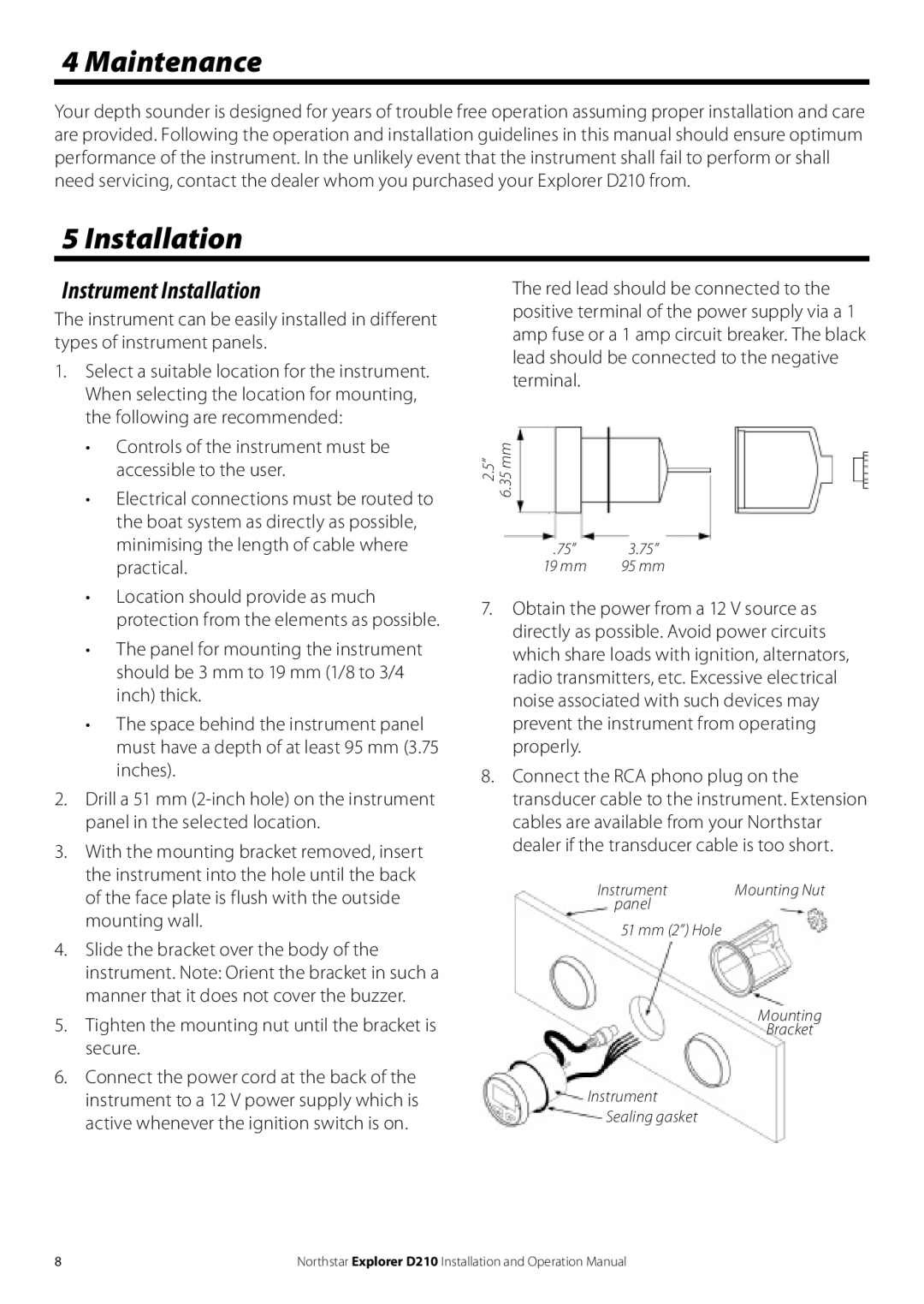 NorthStar Navigation D210 Maintenance, Instrument Installation, Tighten the mounting nut until the bracket is secure 