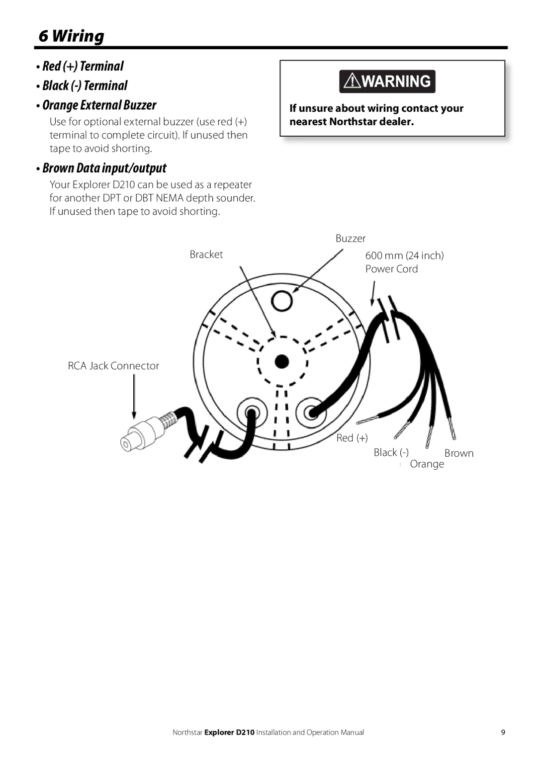 NorthStar Navigation D210 Wiring, Red + Terminal Black Terminal Orange External Buzzer, Brown Data input/output 