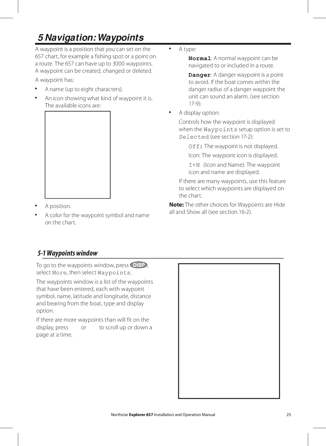 NorthStar Navigation EXPLORER 657 operation manual Navigation Waypoints, Waypoints window 