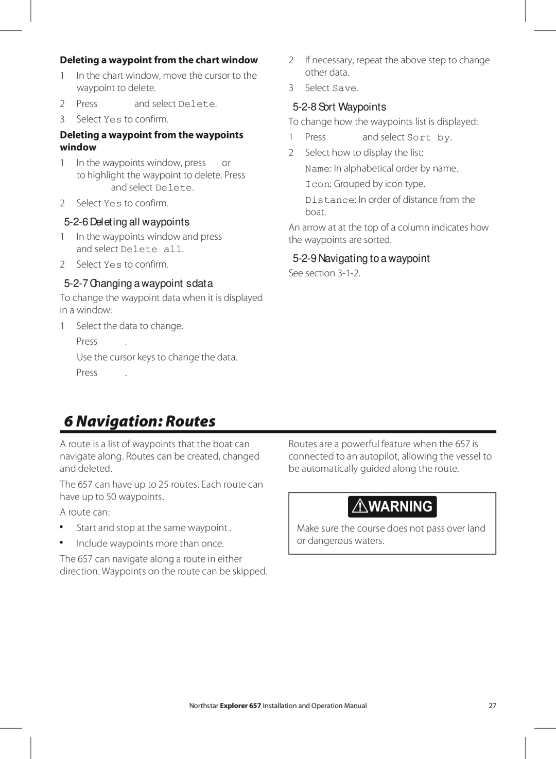 NorthStar Navigation EXPLORER 657 Navigation Routes, Deleting all waypoints, Changing a waypoint’s data, Sort Waypoints 