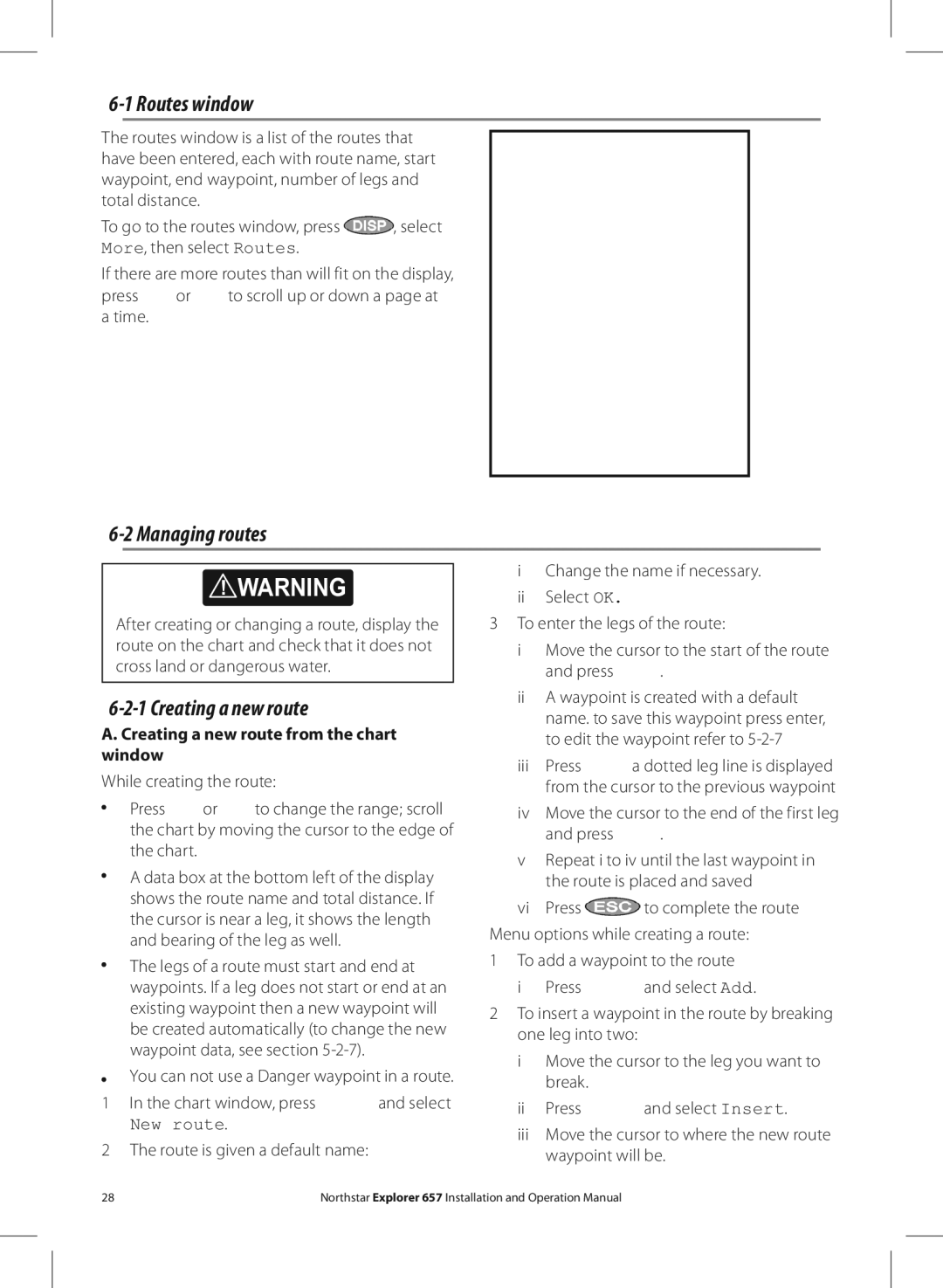 NorthStar Navigation EXPLORER 657 operation manual Routes window, Managing routes, Creating a new route, New route 