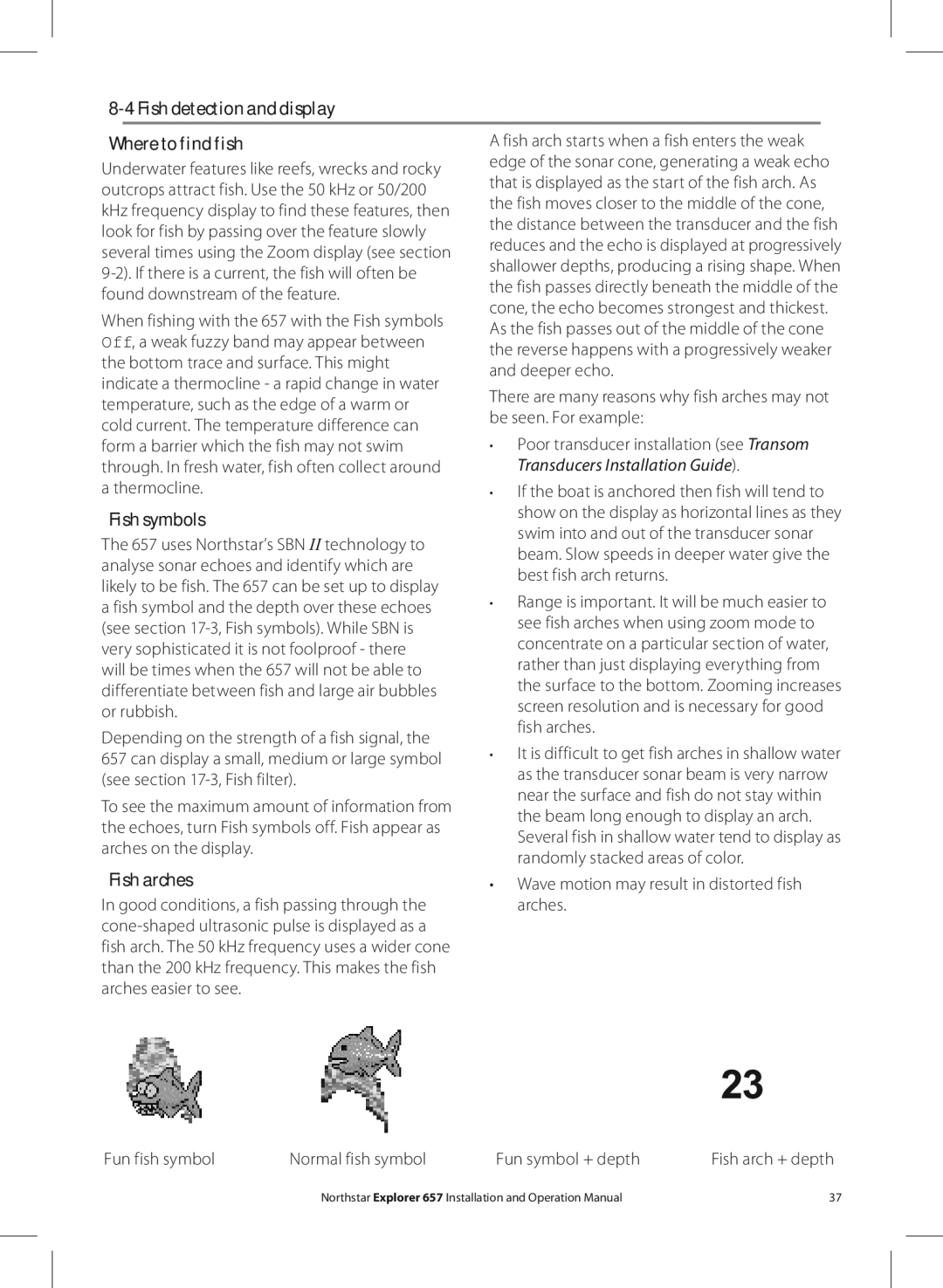 NorthStar Navigation EXPLORER 657 operation manual Fish detection and display Where to find fish, Fish symbols, Fish arches 