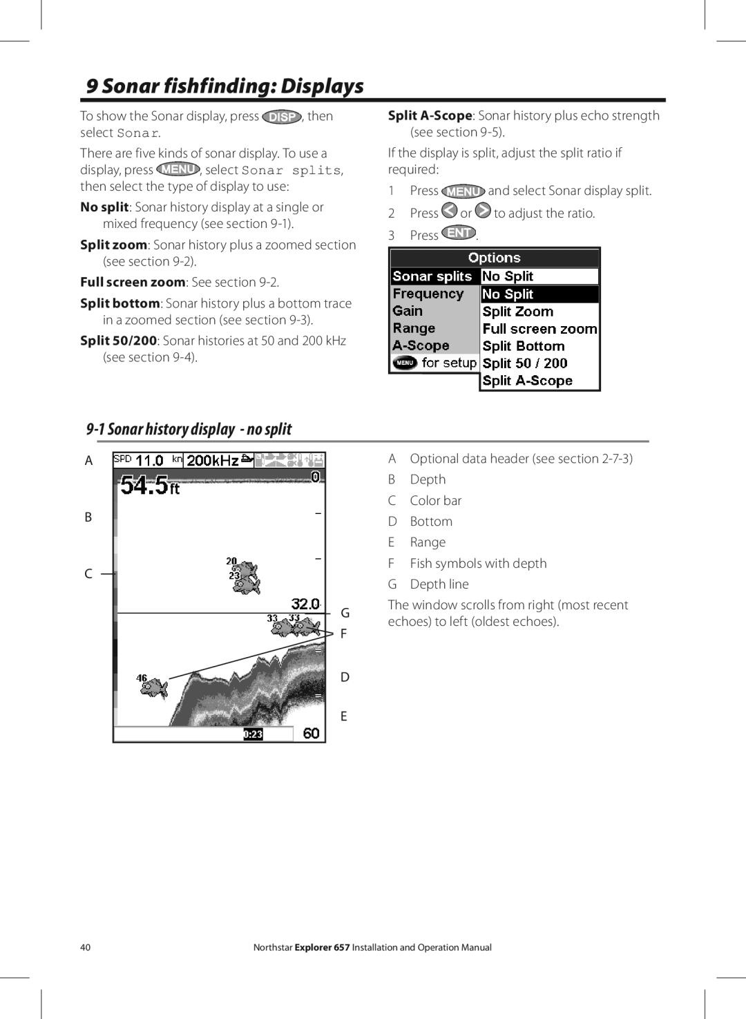 NorthStar Navigation EXPLORER 657 operation manual Sonar fishfinding Displays, Sonar history display no split 