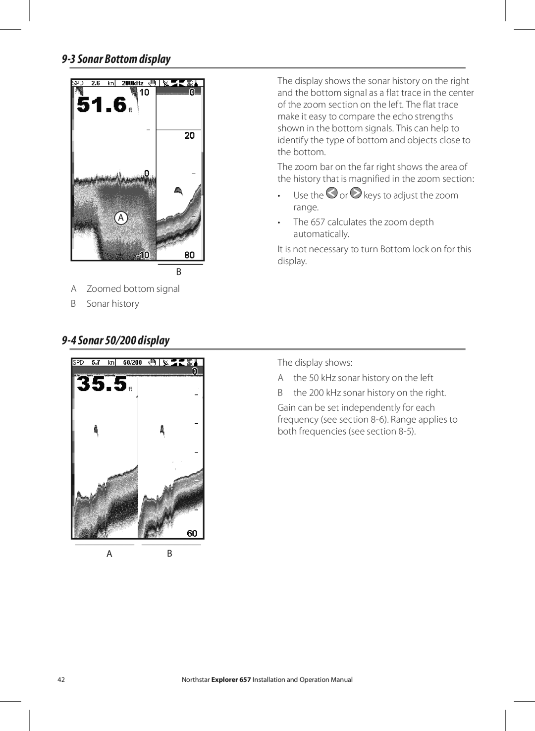 NorthStar Navigation EXPLORER 657 operation manual Sonar Bottom display, Sonar 50/200 display 