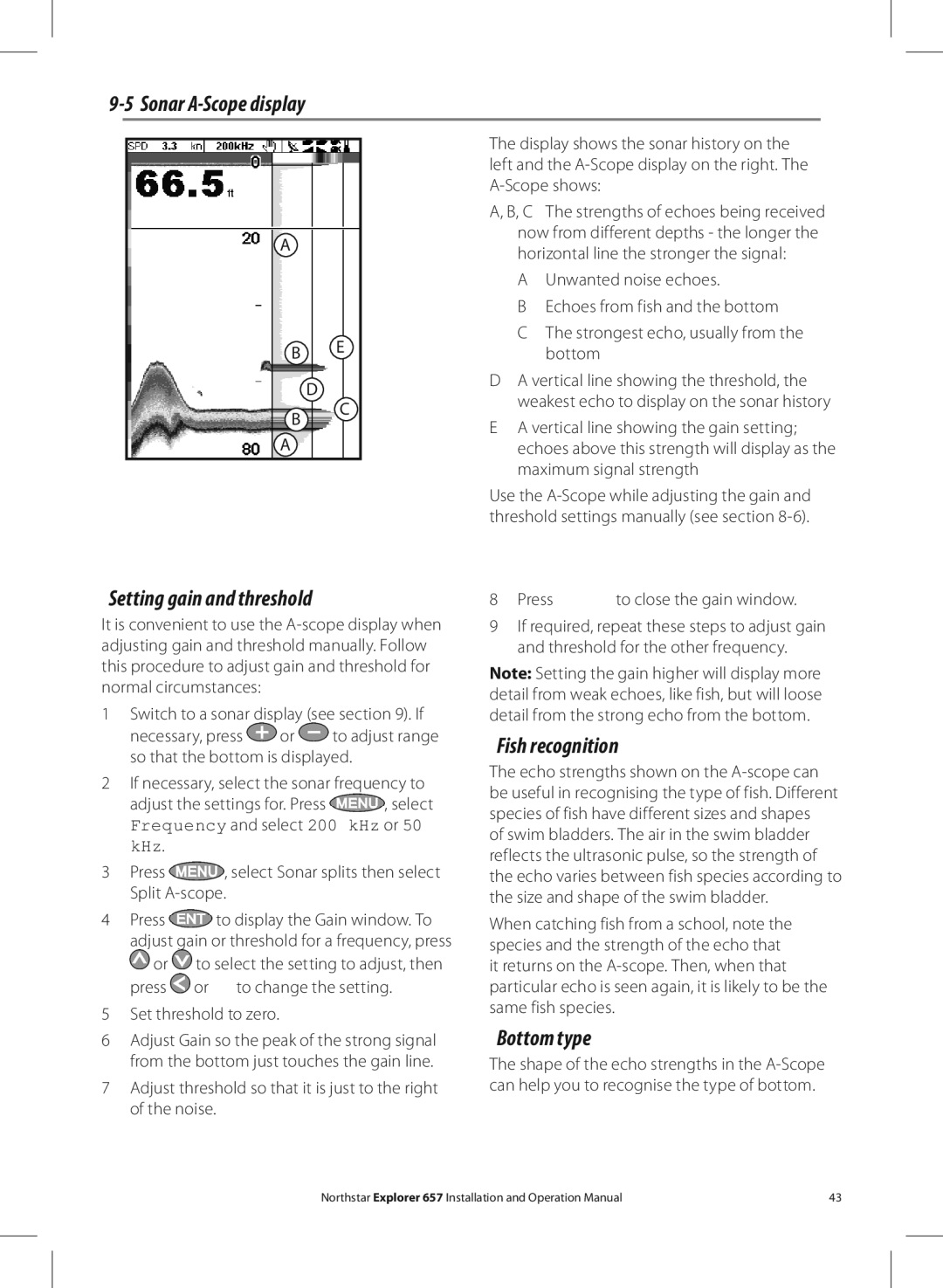 NorthStar Navigation EXPLORER 657 Sonar A-Scope display, Setting gain and threshold, Fish recognition, Bottom type 