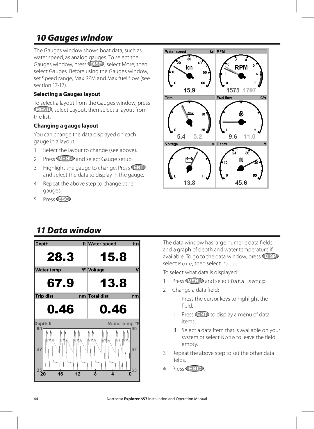 NorthStar Navigation EXPLORER 657 Gauges window, Data window, Selecting a Gauges layout, Changing a gauge layout 