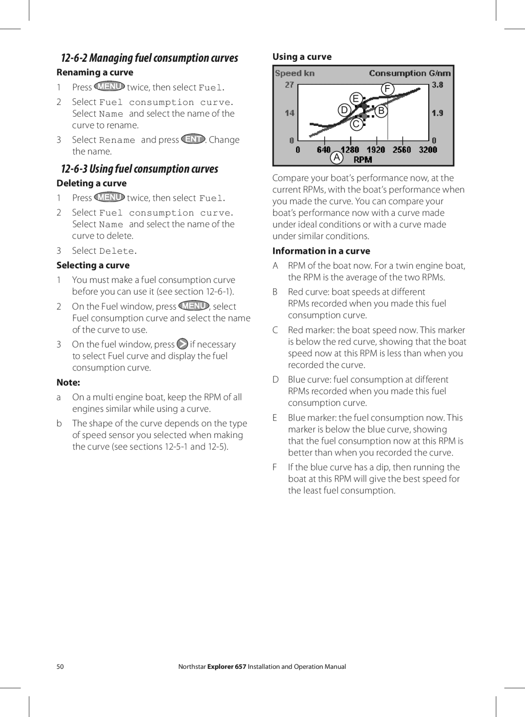 NorthStar Navigation EXPLORER 657 operation manual Renaming a curve, Deleting a curve, Selecting a curve, Using a curve 