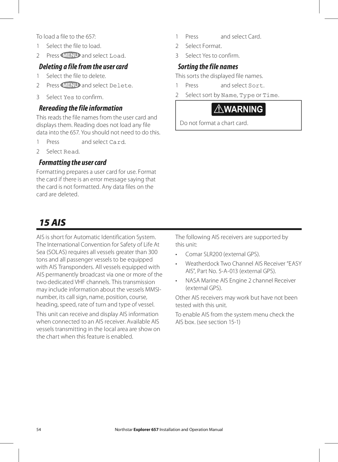 NorthStar Navigation EXPLORER 657 operation manual 15 AIS, Deleting a file from the user card, Sorting the file names 