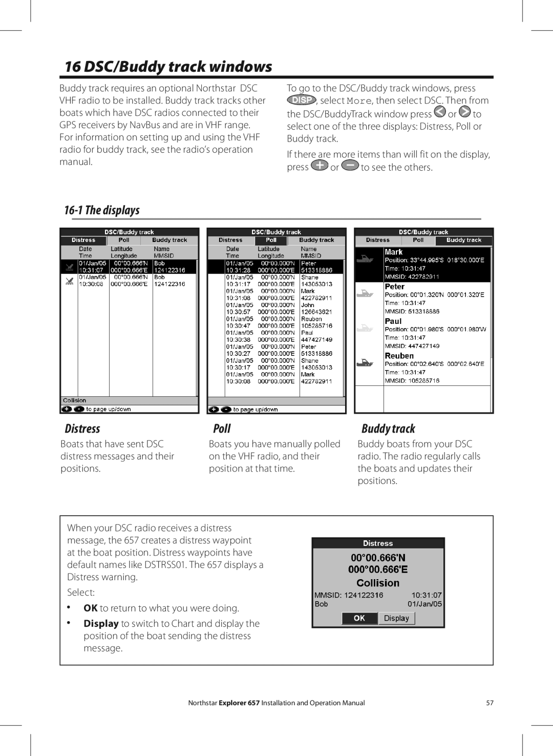 NorthStar Navigation EXPLORER 657 operation manual 16 DSC/Buddy track windows, Displays Distress Poll 