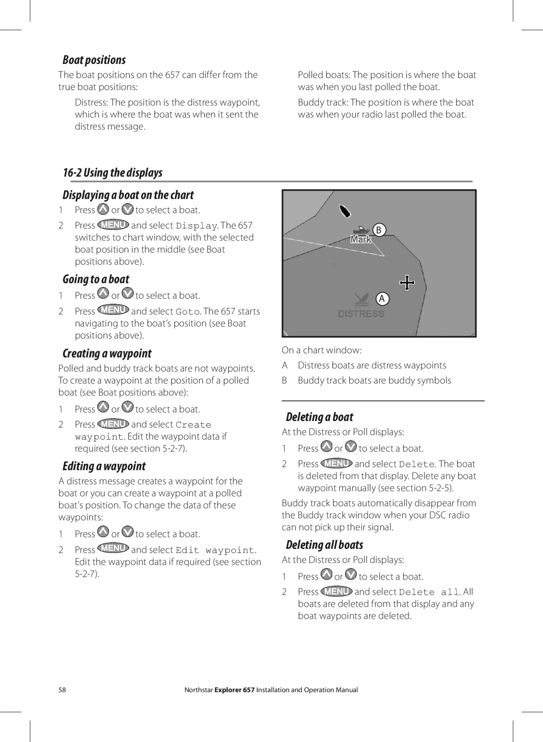 NorthStar Navigation EXPLORER 657 Boat positions, Using the displays Displaying a boat on the chart, Creating a waypoint 