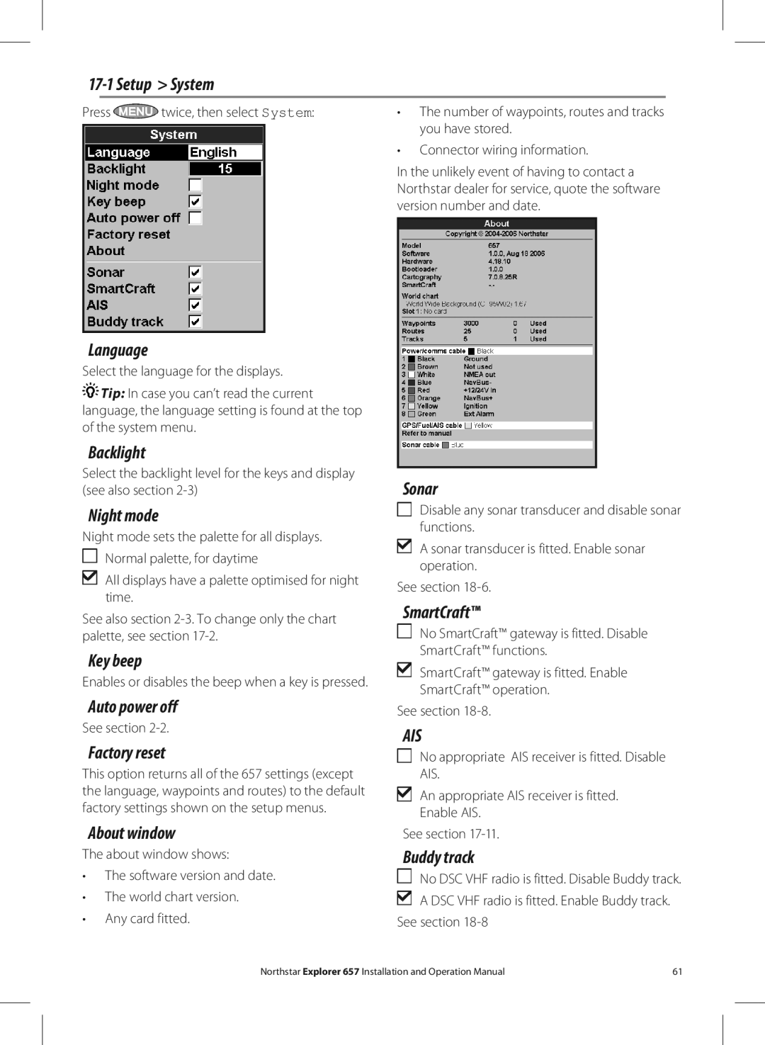 NorthStar Navigation EXPLORER 657 Setup System, Language, Backlight, Key beep, Auto power off, Factory reset, About window 