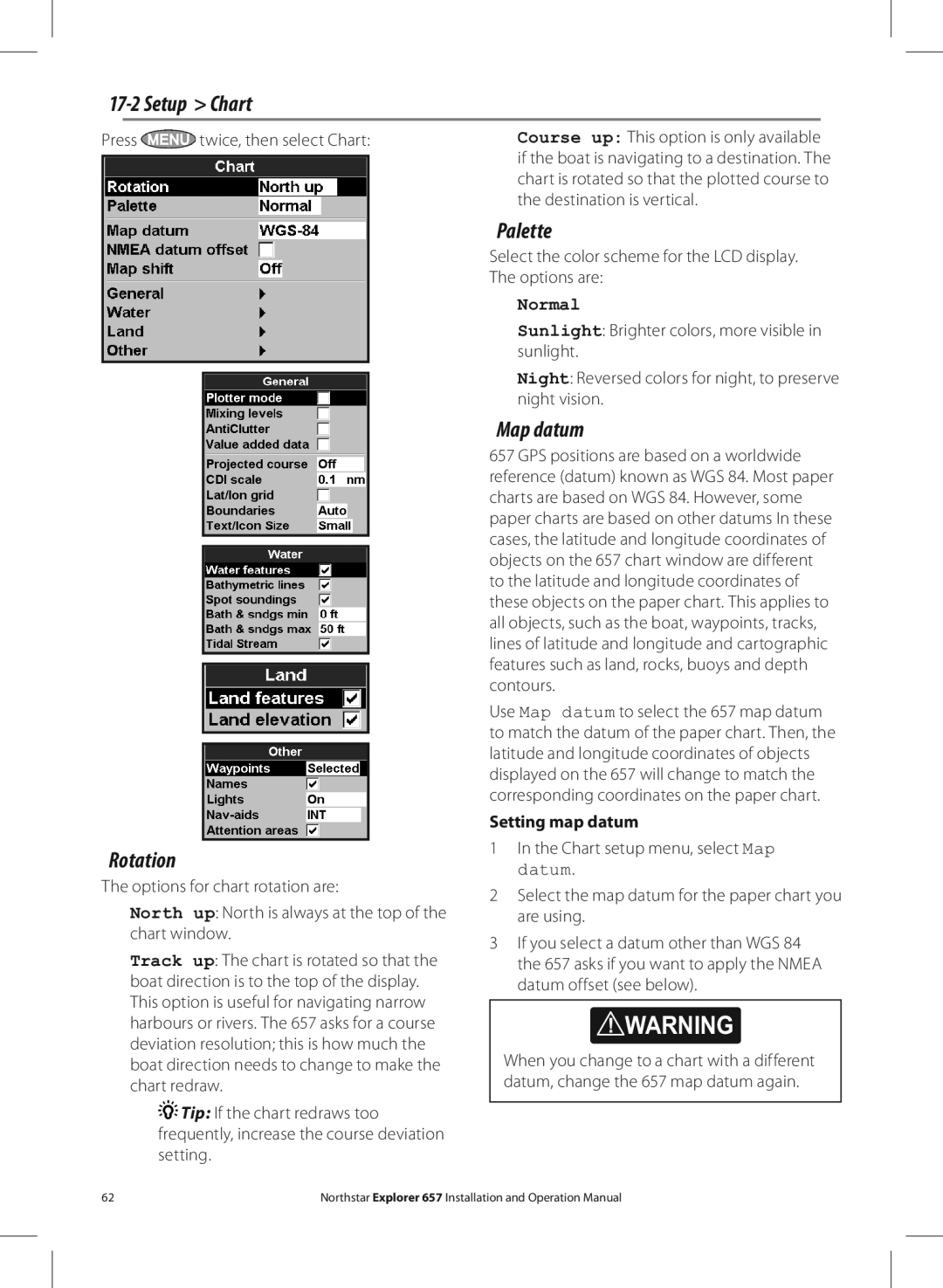 NorthStar Navigation EXPLORER 657 operation manual Setup Chart, Rotation, Palette, Map datum, Setting map datum 