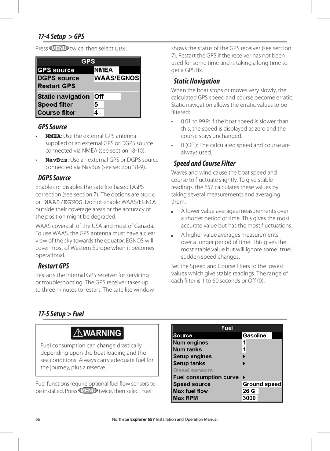 NorthStar Navigation EXPLORER 657 Setup GPS, GPS Source, Dgps Source, Restart GPS, Static Navigation, Setup Fuel 