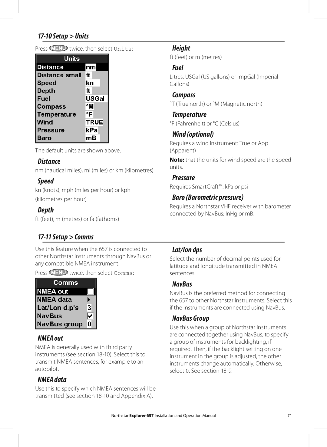 NorthStar Navigation EXPLORER 657 Setup Units, Fuel, Temperature, Wind optional, Speed Pressure, Baro Barometric pressure 