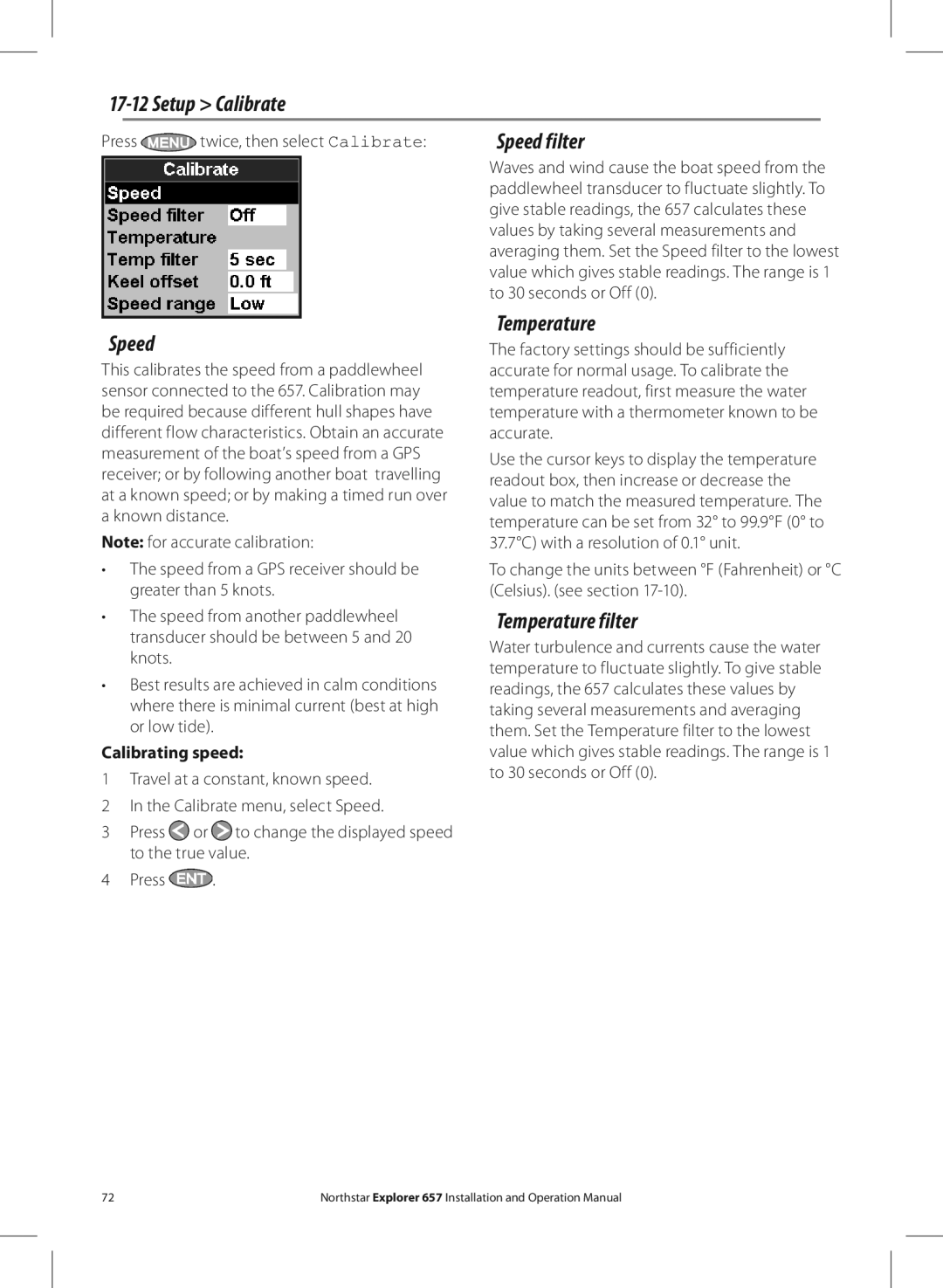 NorthStar Navigation EXPLORER 657 operation manual Setup Calibrate, Speed filter, Temperature filter, Calibrating speed 