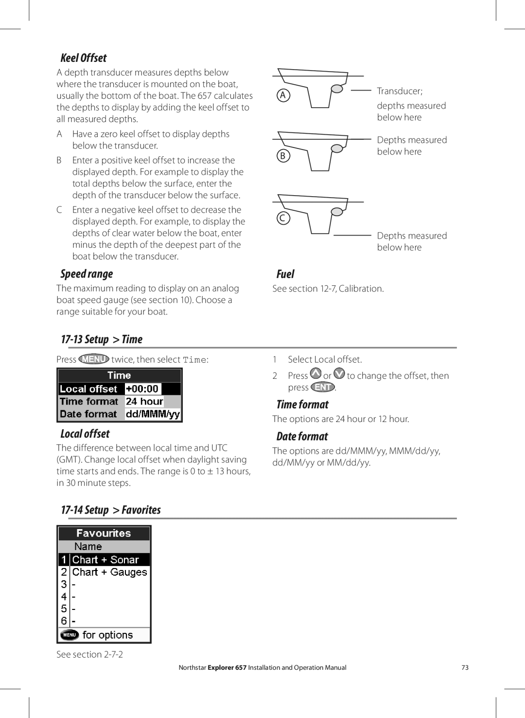 NorthStar Navigation EXPLORER 657 Keel Offset, Speed range, Setup Time, Time format, Local offset, Date format 