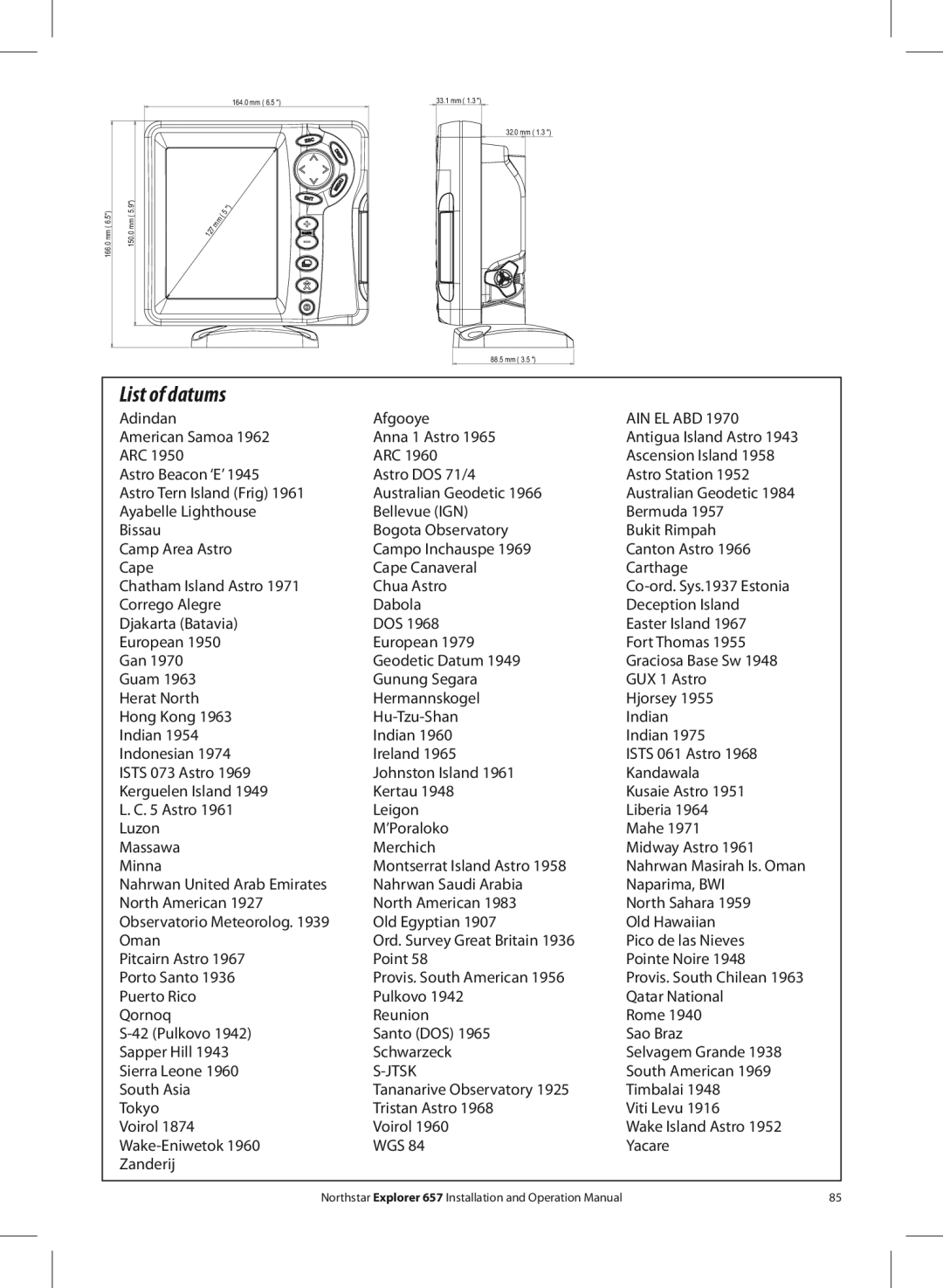 NorthStar Navigation EXPLORER 657 operation manual List of datums, Adindan Afgooye, South American 