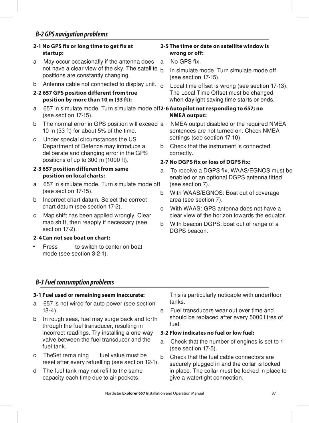 NorthStar Navigation EXPLORER 657 operation manual GPS navigation problems, Fuel consumption problems 