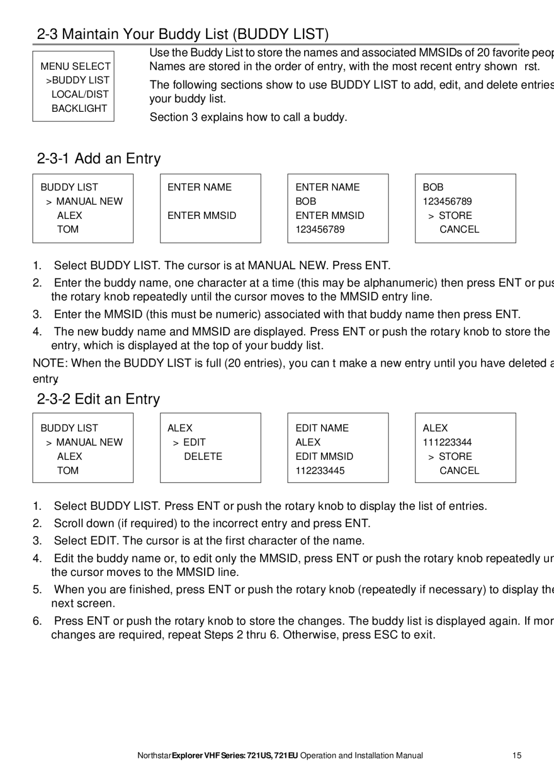 NorthStar Navigation Explorer 721EU, Explorer 721US Maintain Your Buddy List Buddy List, Add an Entry, Edit an Entry 