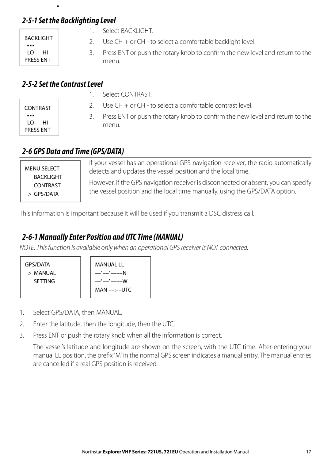 NorthStar Navigation Explorer 721EU Set the Backlighting Level, Set the Contrast Level, GPS Data and Time GPS/DATA 