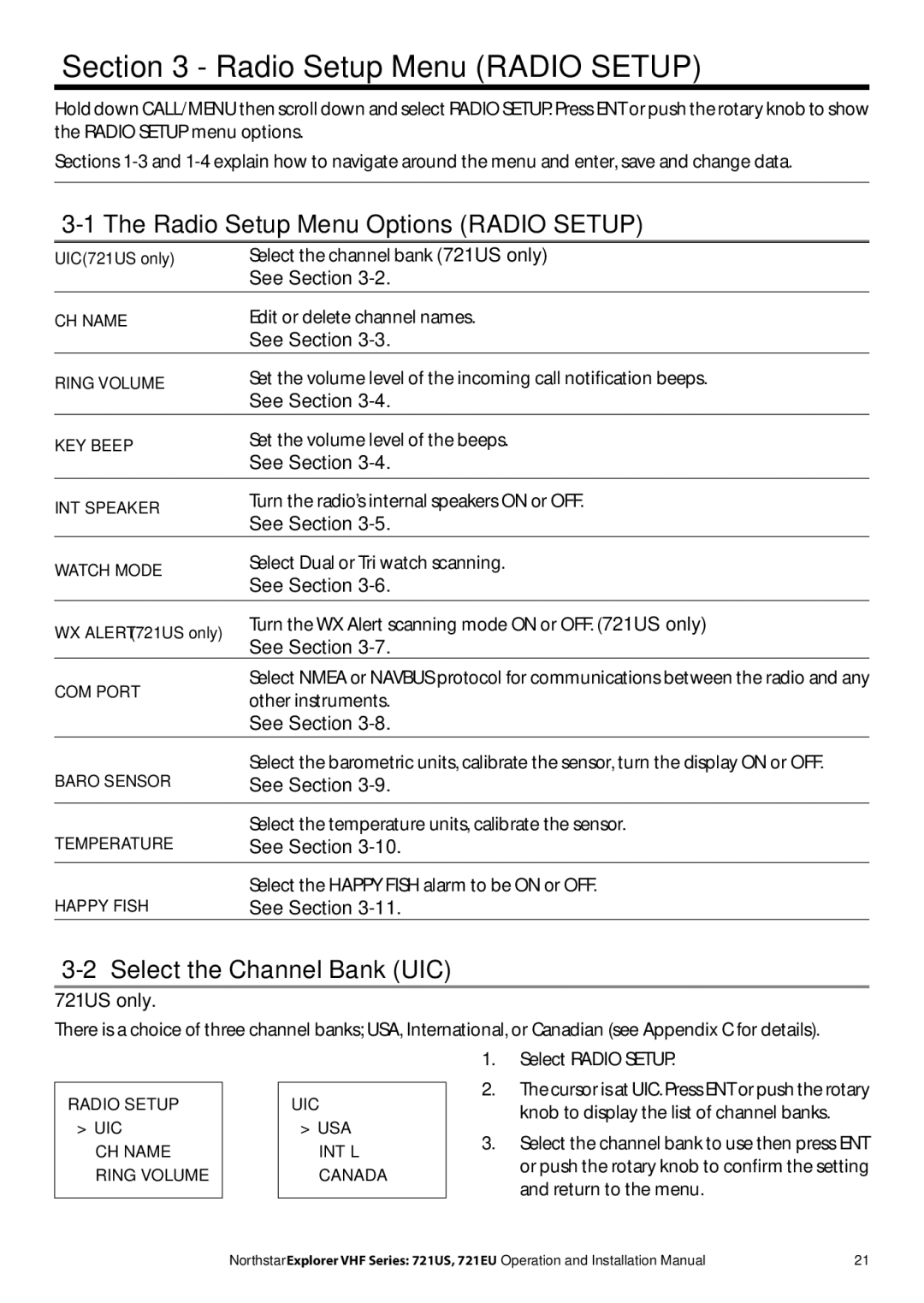 NorthStar Navigation Explorer 721EU, Explorer 721US Radio Setup Menu Radio Setup, Radio Setup Menu Options Radio Setup 