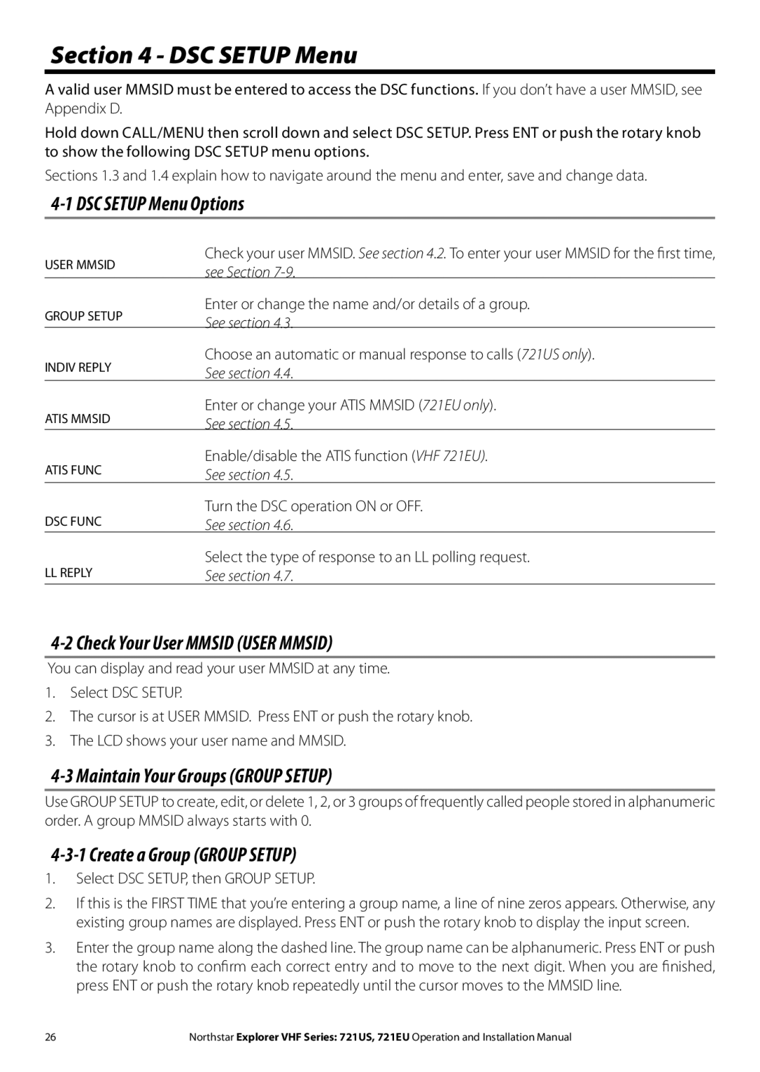 NorthStar Navigation Explorer 721US, Explorer 721EU DSC Setup Menu Options, Check Your User Mmsid User Mmsid 