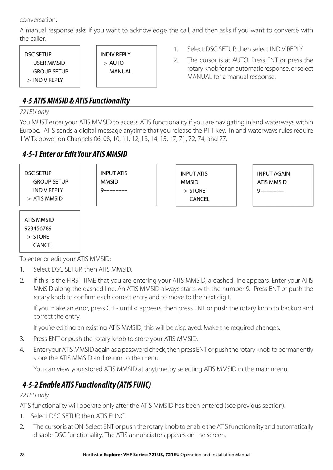 NorthStar Navigation Explorer 721US, Explorer 721EU Atis Mmsid & Atis Functionality, Enter or Edit Your Atis Mmsid 