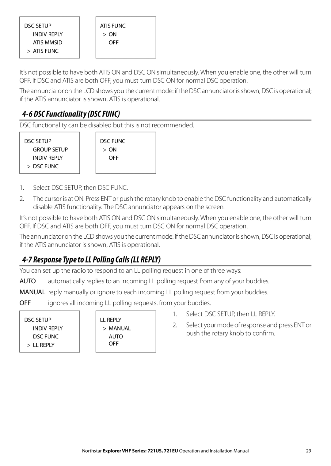 NorthStar Navigation Explorer 721EU, Explorer 721US DSC Functionality DSC Func, Response Type to LL Polling Calls LL Reply 