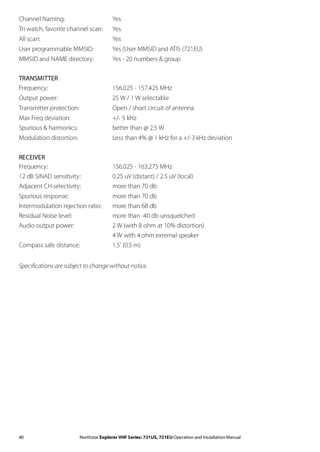 NorthStar Navigation Explorer 721US, Explorer 721EU installation manual Channel Naming Yes, Transmitter 