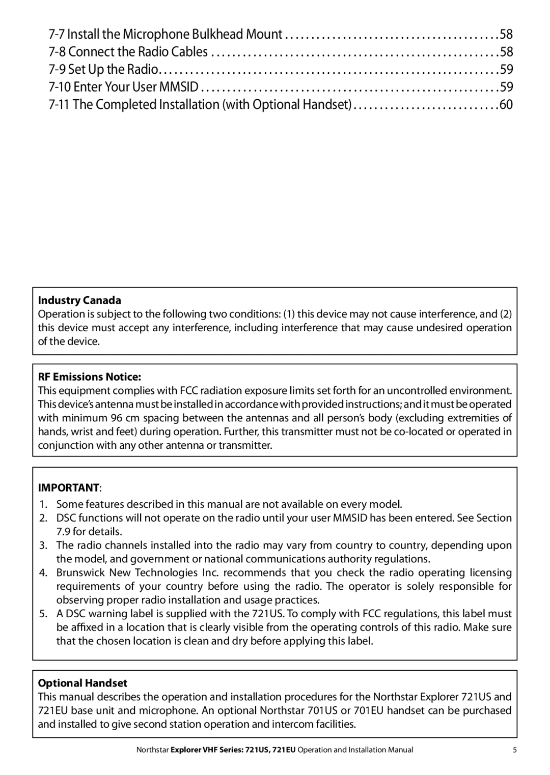 NorthStar Navigation Explorer 721EU, Explorer 721US installation manual Industry Canada 