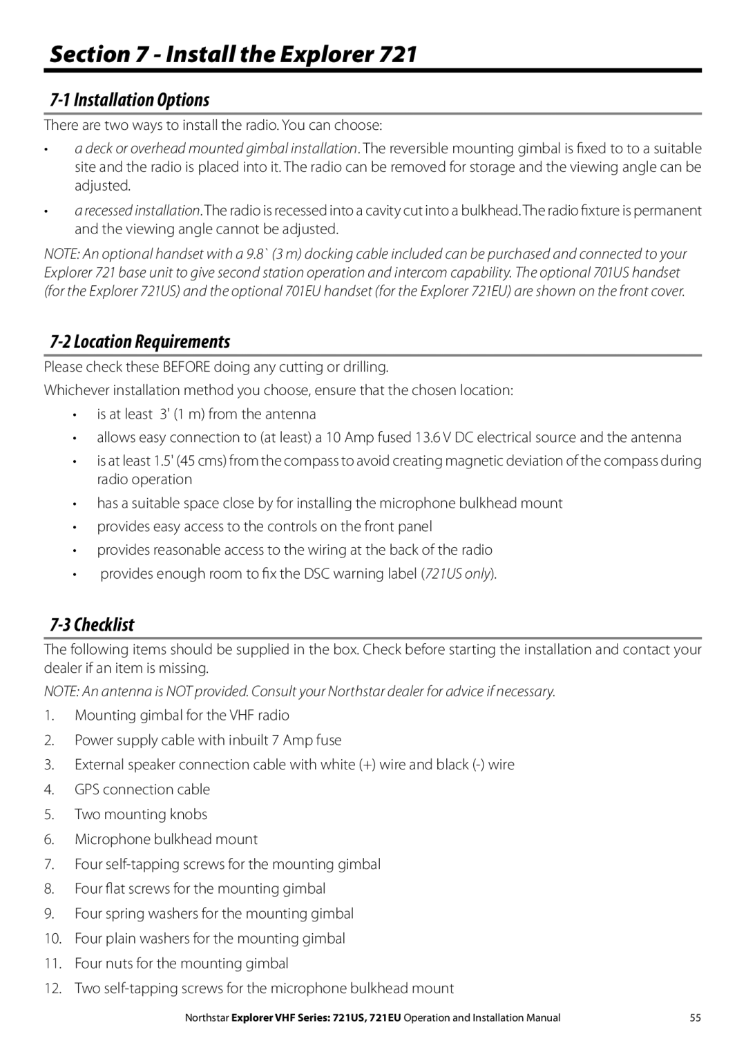 NorthStar Navigation Explorer 721EU Install the Explorer, Installation Options, Location Requirements, Checklist 