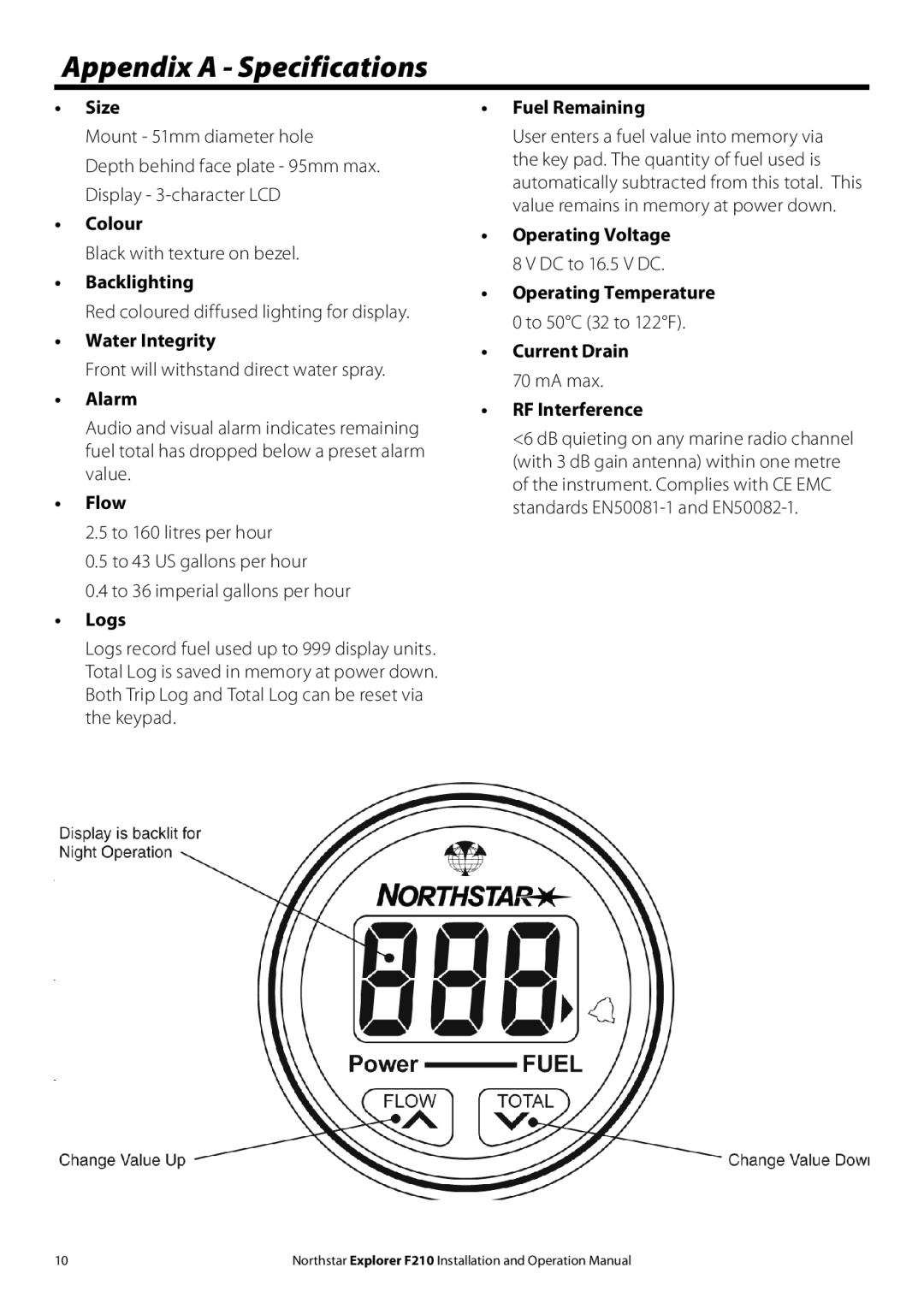 NorthStar Navigation F210 Appendix a Specifications, Black with texture on bezel, Front will withstand direct water spray 