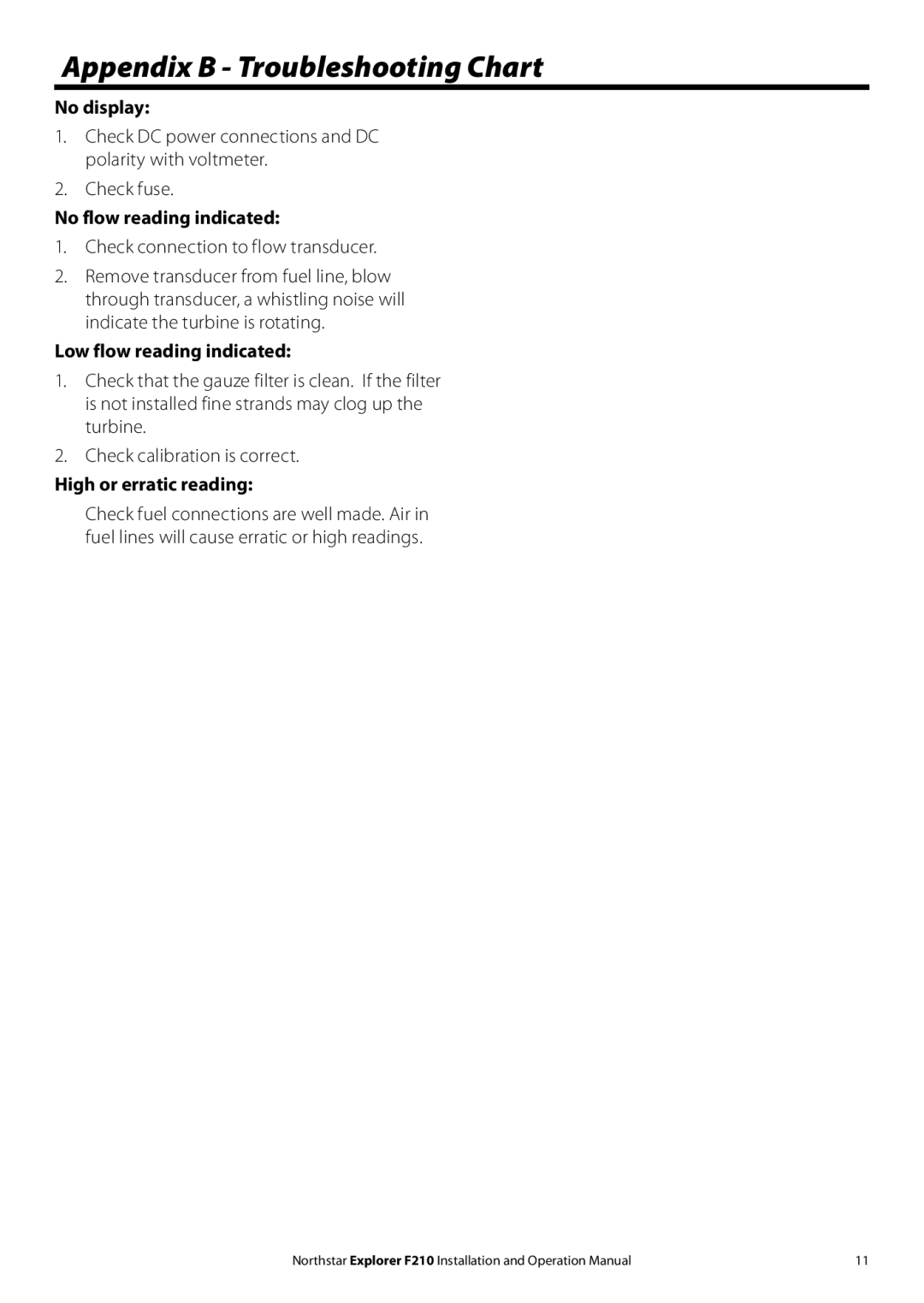 NorthStar Navigation F210 operation manual Appendix B Troubleshooting Chart, Check connection to flow transducer 