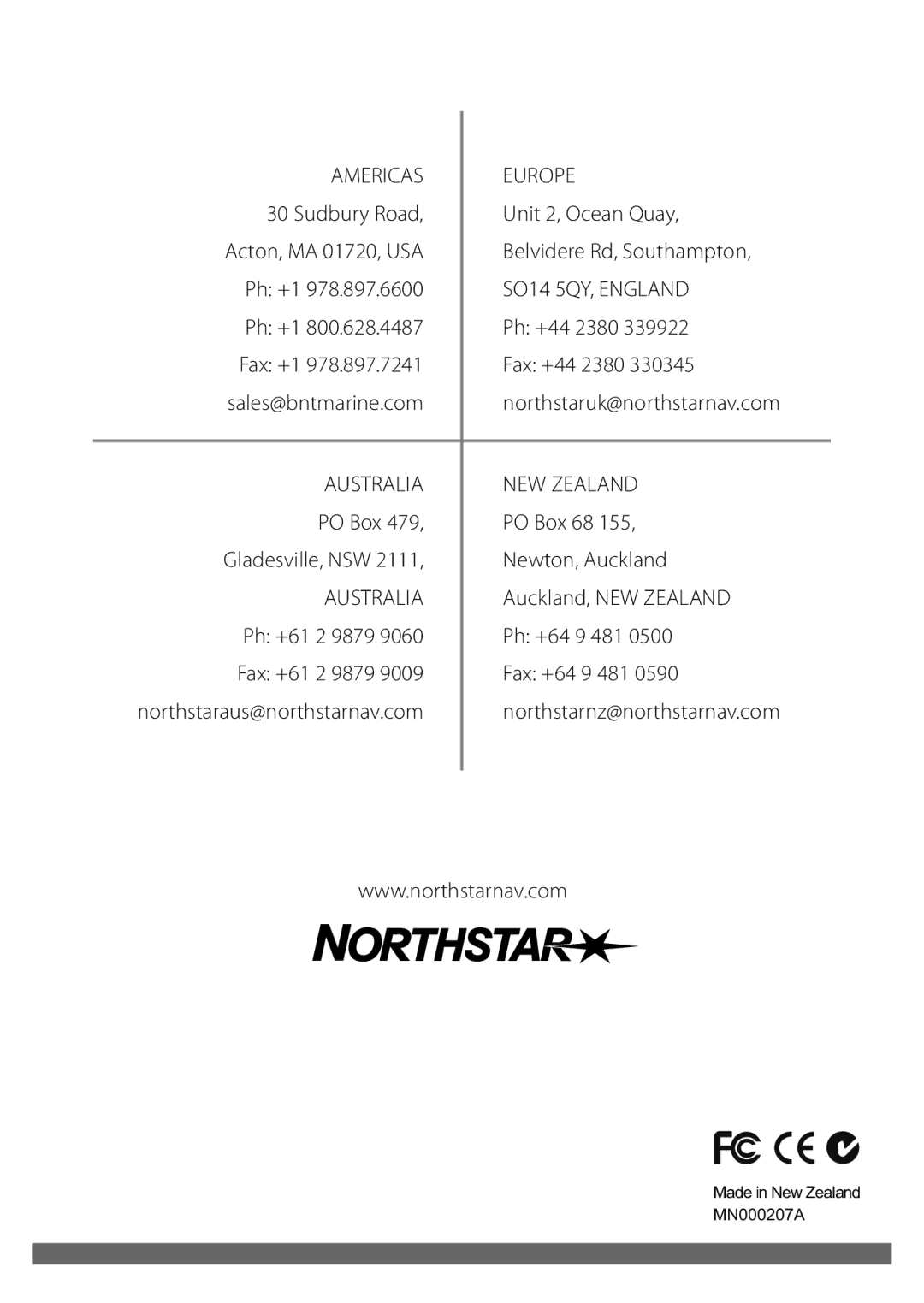 NorthStar Navigation F210 operation manual 978.897.6600, 800.628.4487, 978.897.7241, PO Box 