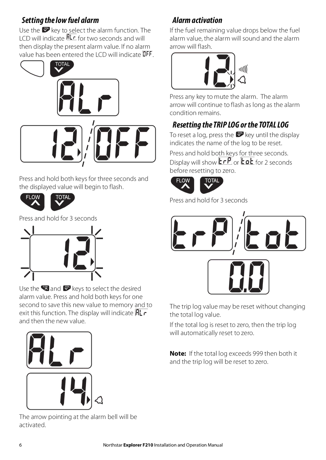 NorthStar Navigation F210 operation manual Setting the low fuel alarm, Alarm activation 