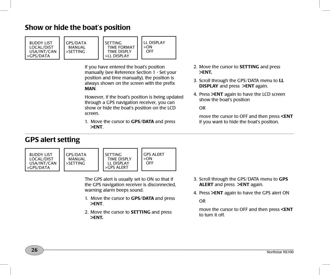 NorthStar Navigation Northstar NS100 quick start Show or hide the boat’s position, GPS alert setting 